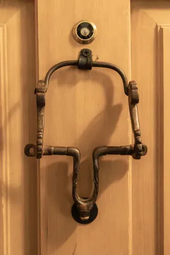 Rustic door knocker adding cabin-style charm.