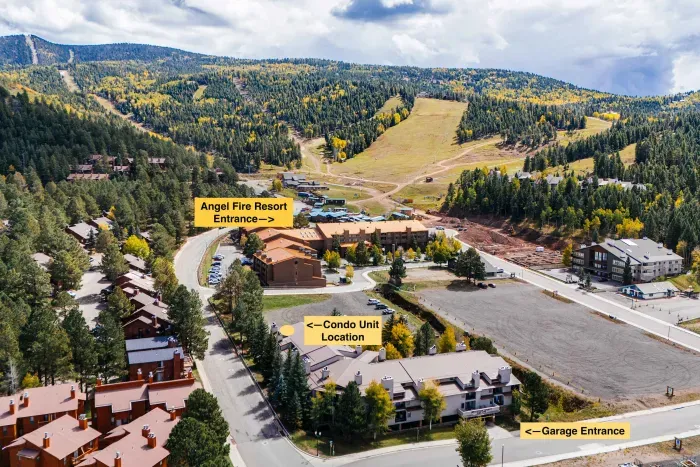 Aerial view showing easy access to nearby trails and slopes.