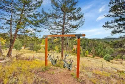 Mountain view swing with scenic backdrop.