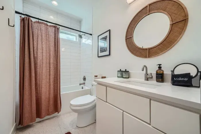 Enjoy a refreshing morning routine in a bright, beautifully designed space.