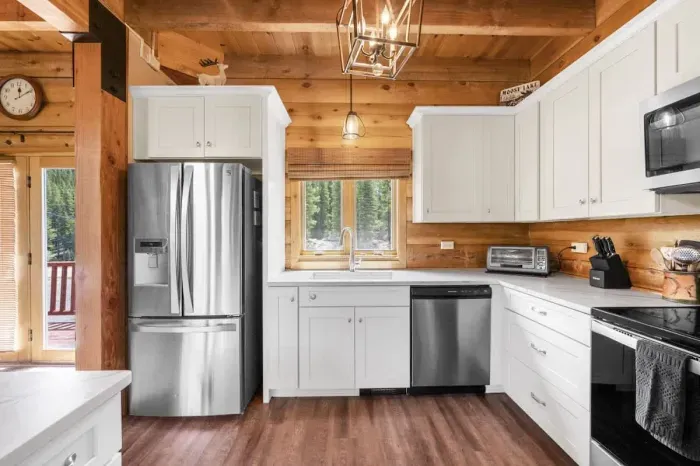 Functional and beautiful, this kitchen comes fully equipped with cookware, utensils, and small appliances.