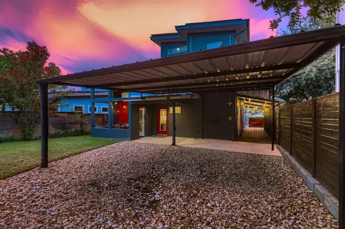 Beautiful twilight view of the home and spacious outdoor living.