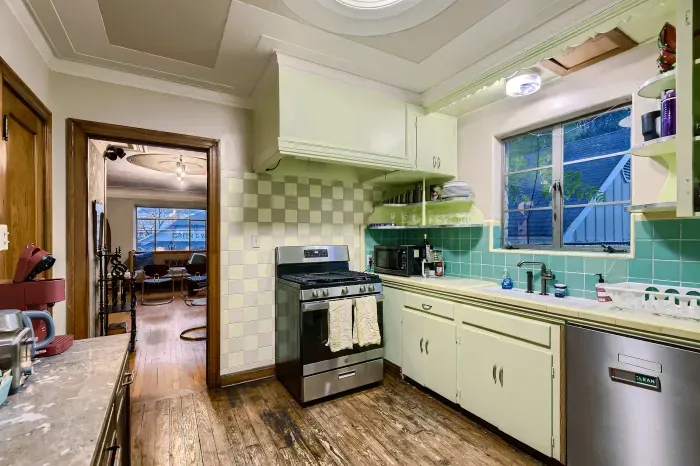 Bright kitchen with ample counter space.