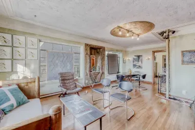 Open living room with seating and character.