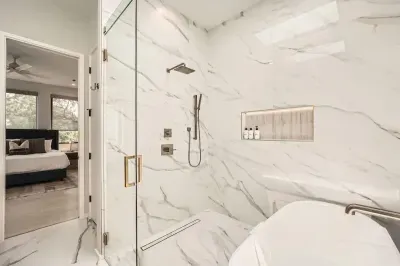 Unwind in our spacious bathroom with modern amenities and a touch of luxury.