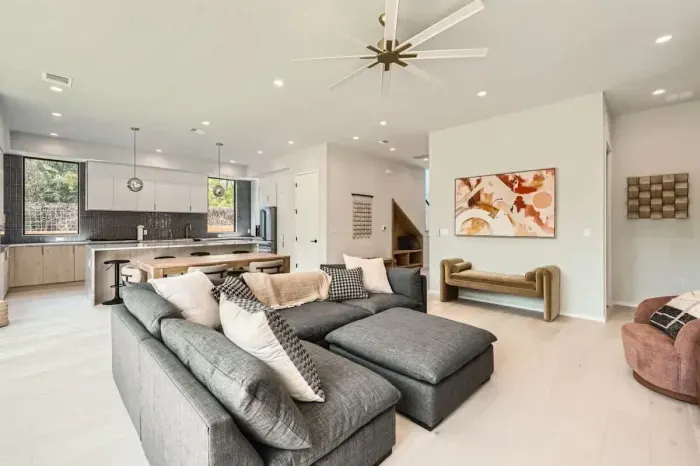 Open-concept with seamless flow to the kitchen and dining areas.