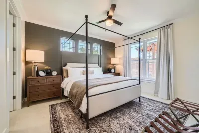 Serene bedroom with calming colors and thoughtfully chosen furnishings.
