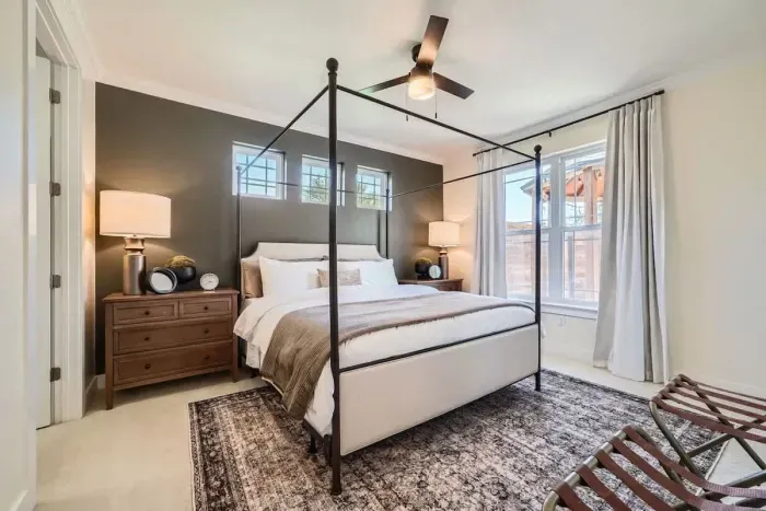Serene bedroom with calming colors and thoughtfully chosen furnishings.