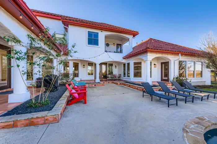 Outdoor patio with seating.