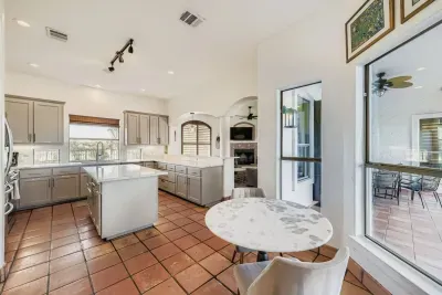 Bright kitchen with island seating.