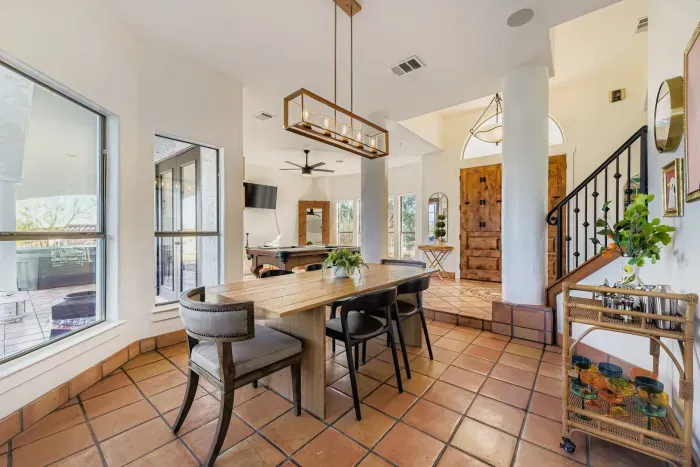 Dining area with bar seating.