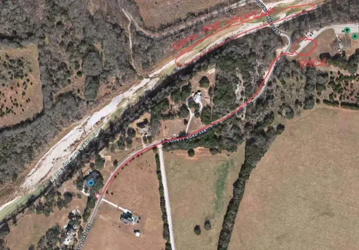 Trail to river behind house, or walk/park down the street at Camp Tejas (5 min walk)