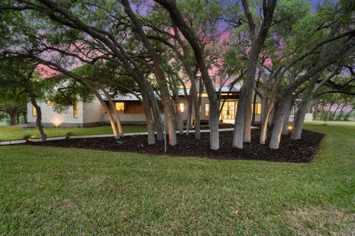 Modern Hill Country design surrounded by native trees.