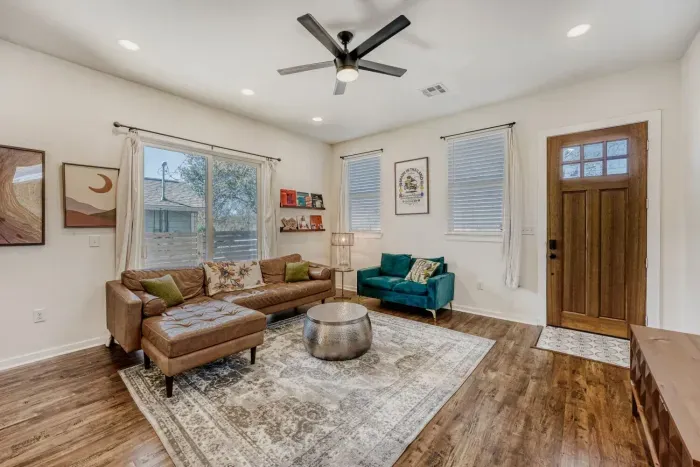 Cozy seating and Smart TV setup perfect for relaxing after exploring Austin.