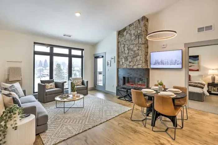 Elegant living space with high ceilings and a beautifully curated design.