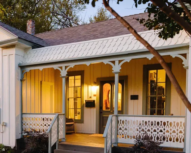 Front porch with evening lighting