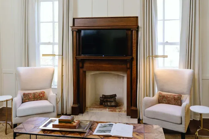 Cozy living room with fireplace.