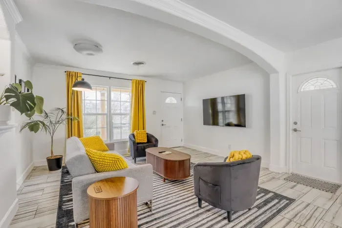 Comfortable gathering space perfect for movie nights or relaxing after exploring Austin