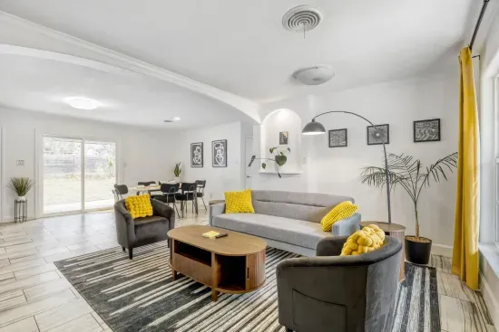 Relaxing lounge space with modern décor and plenty of room to unwind