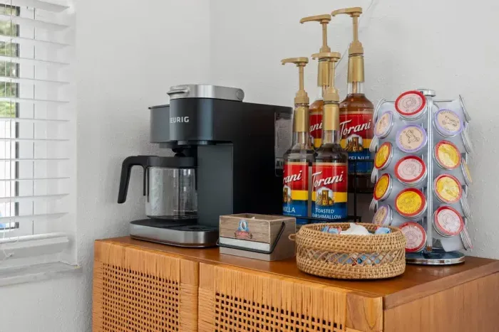 Start your day right with a fully stocked coffee station, fresh brew awaits!