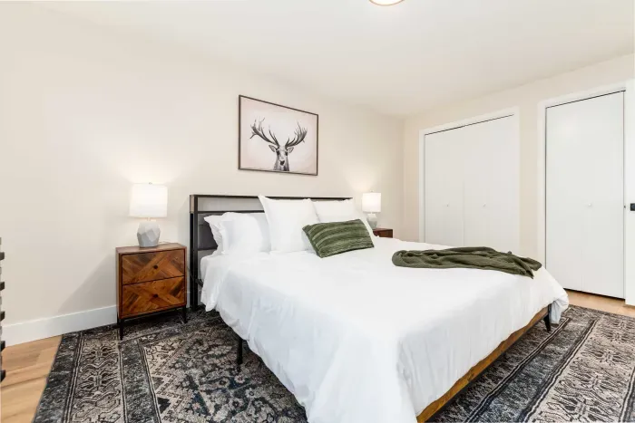 Sunlit primary suite featuring a comfortable king bed and minimalist decor.