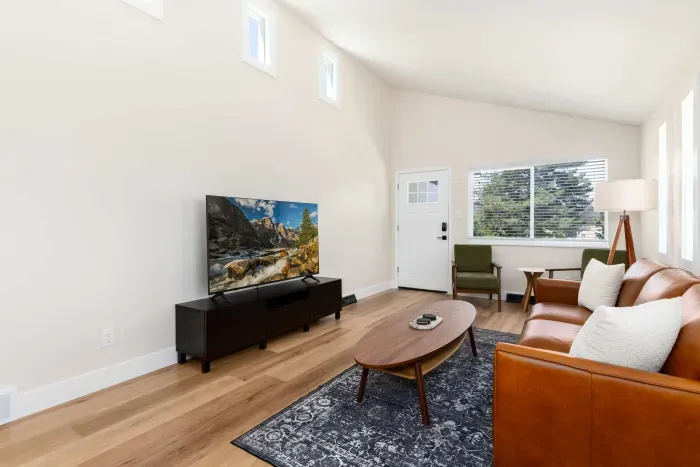 Comfortable lounge with mid-century furniture and sunlight-filled views.