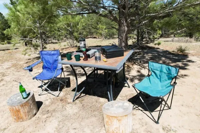 Coffee station at the relax shack. Top of the South 40 with mountain views.