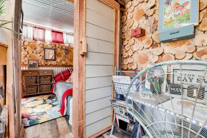 Looking into the bedroom... Barn door.