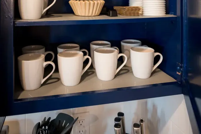 Coffee filters and to-go cups are stocked