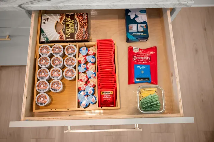 Enjoy complimentary coffee, tea, sugar, and sweeteners, thoughtfully stocked to help you start each day right.