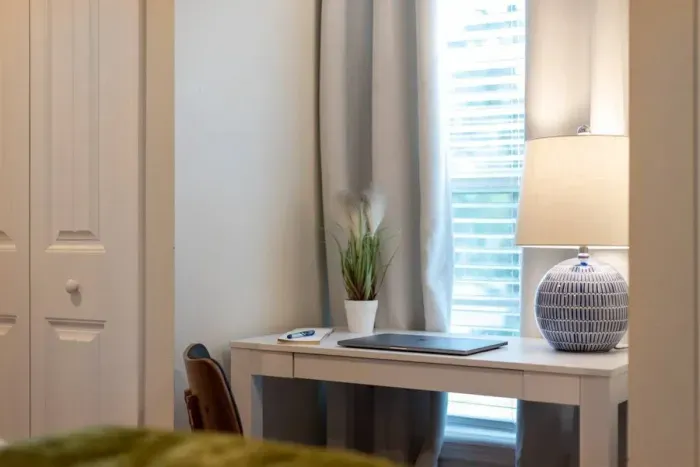 Dedicated work space. Wireless printer is below the desk.