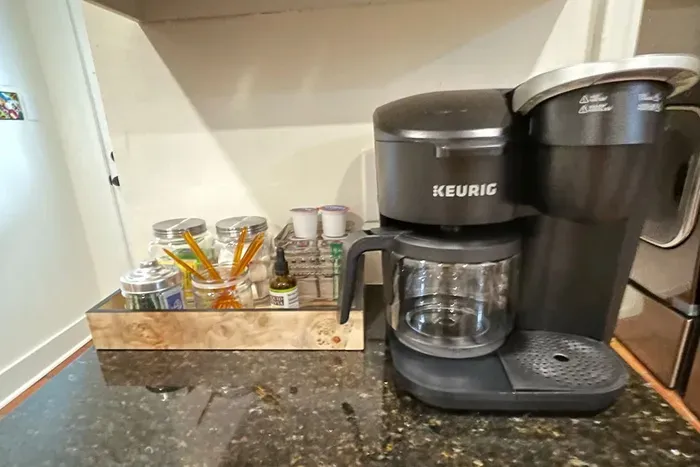 A variety of coffee and tea await you in the kitchen.  K-cup pods, coffee creamer and a variety of sweeteners are provided!