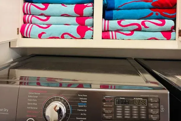 Pool towels located above the dryer.