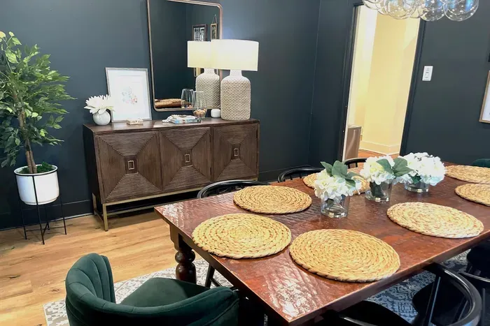 The dining area offers a cozy and welcoming space to enjoy meals, work remotely, or spend quality time together.