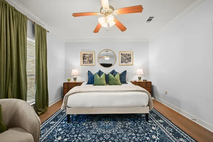 Serene and inviting bedroom with plush bedding and elegant touches