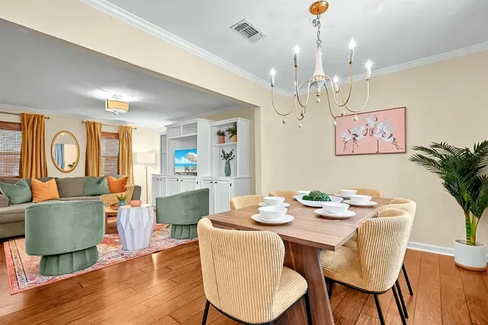 Designer 6 table dining and living space is a joy for your family or business travel.