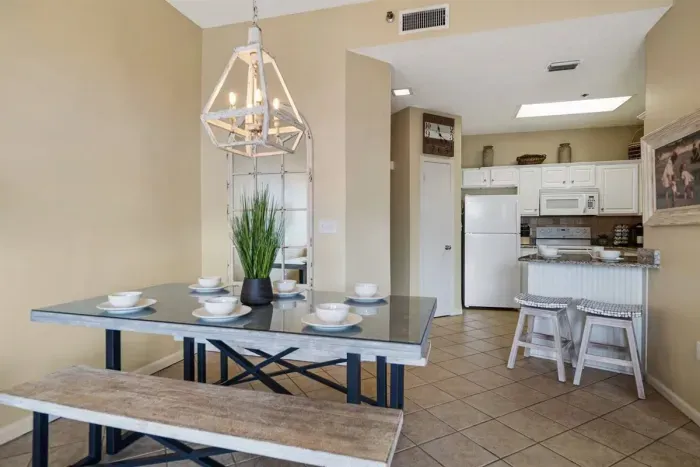 Dining table and kitchen from living area.
