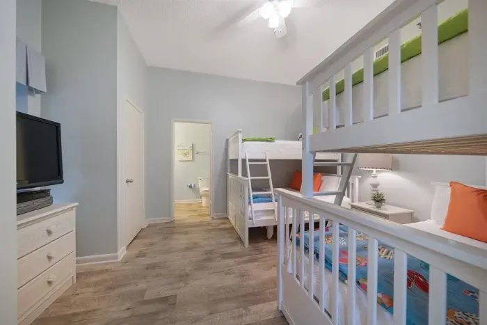 Bedroom with adjoining full bathroom.