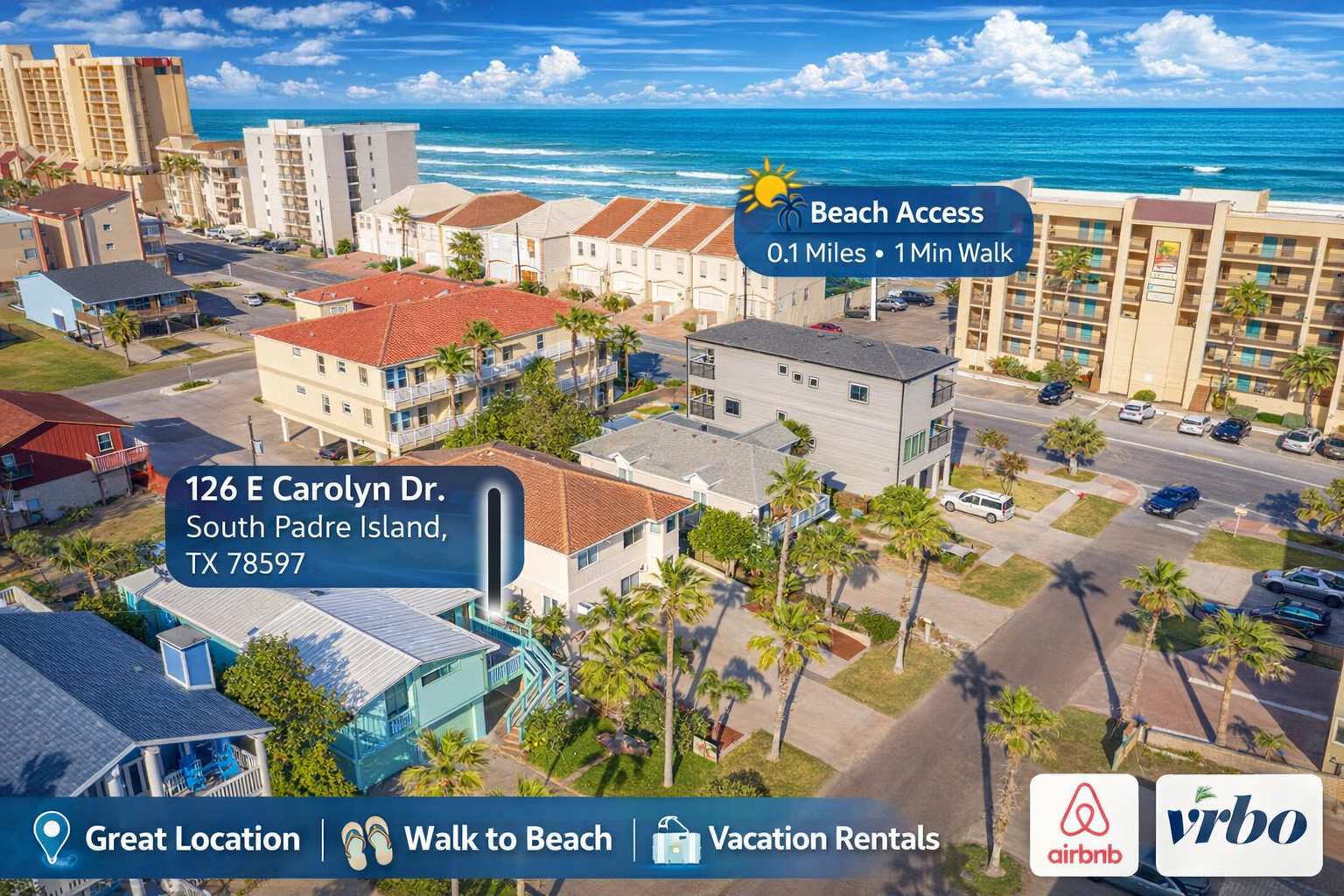 Bright Beachside Retreat • 1 Min Walk to Sand • Spacious 2BR Home Near Dining & Shops • Prime South Padre Location • Ideal for Families & Couples • Fast Wi-Fi • Parking Included