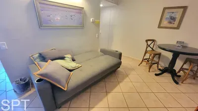 Cozy living space featuring a modern sofa with accent pillows, a stylish dining nook, warm lighting, and inviting décor. Perfect for relaxing, enjoying meals, or unwinding in a comfortable, thoughtfully designed setting.