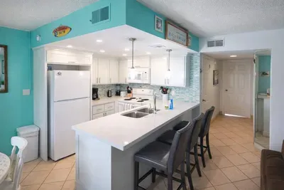 Bright Coastal Kitchen + Island Bar | Steps to Beach | Modern Amenities & Relaxed Vibe