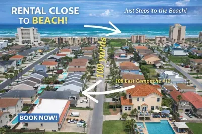 Bright Beachside Retreat – 2BR Pool Home Just 100 Yards to Sand & Surf | Patio + Parking | Walk to Dining & Beach Access