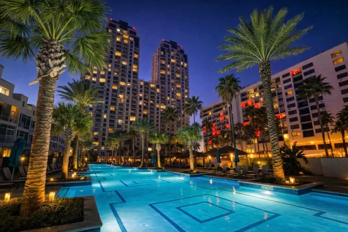 Luxurious Palm-Lined Pool Retreat with Skyline Views — Modern High-Rise Setting, Twilight Ambiance, and Resort-Style Amenities
