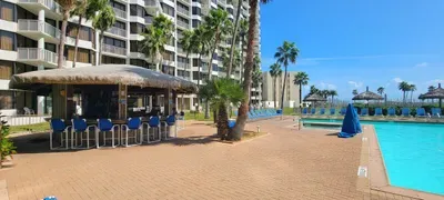 Resort‑style pool area featuring a sparkling blue swimming pool, ample loungers, shaded umbrellas and a thatched poolside bar. Palm trees, open sky & a relaxed tropical vibe create an inviting outdoor space perfect for unwinding and enjoying the sun.