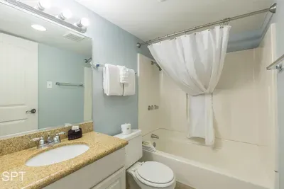 A clean, calming bathroom with soft tones and a simple, refreshing feel that makes getting ready or winding down feel effortless. The uncluttered layout and relaxed atmosphere create an easy, comfortable flow throughout your stay.