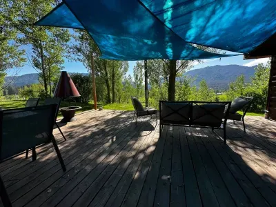 Patio furniture on a wood deck