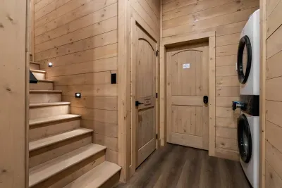 stackable washer and dryer downstairs.