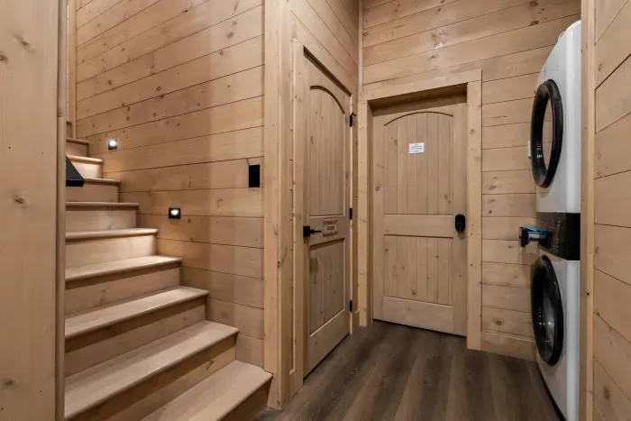 stackable washer and dryer downstairs.