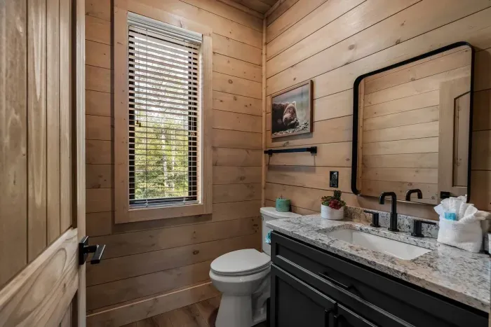 Half bathroom on main level of the cabin.