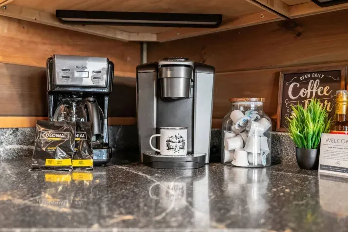 The coffee bar with K-Cups & Drip Coffee machine. 